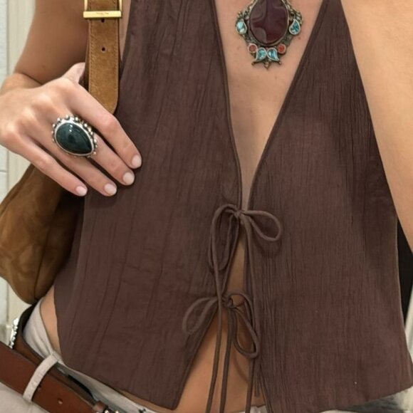 Zara Textured Tie-Front Cropped Vest Top - Brown - Size Small - Picture 5 of 5